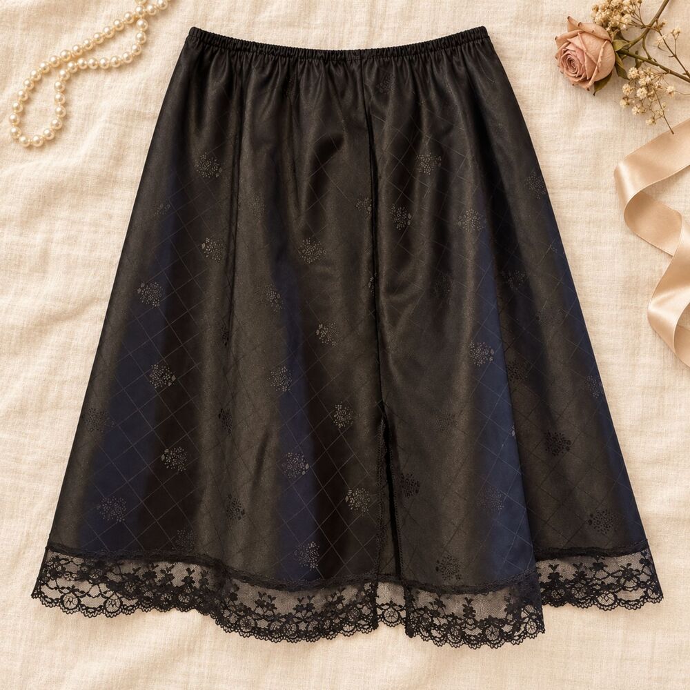 Vintage Deena Black Culotte Half Slip Pettipants Lace Trim USA Large